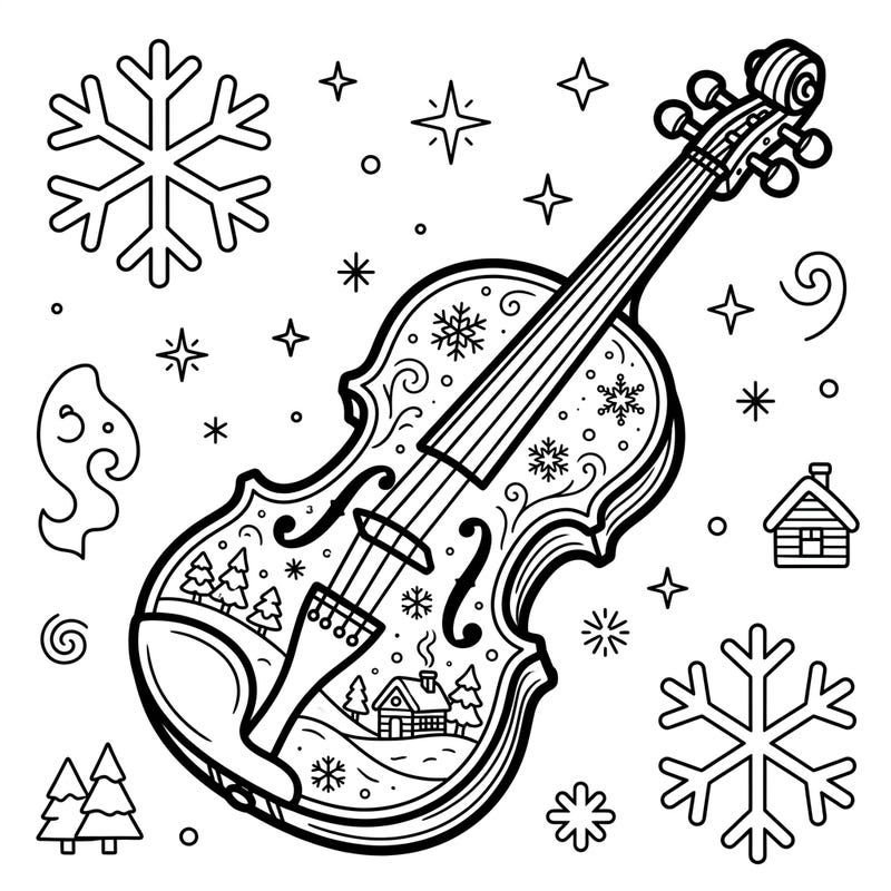 Little artists will love this charming violin coloring page, perfect for a cozy winter day. Inside the instrument, discover a miniature snowy village and cheerful snowflakes all around, designed with thick lines for easy coloring.