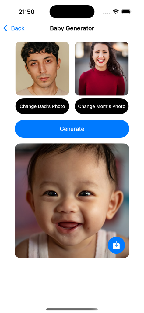 Interface de l'application BabyForge avec des photos des parents et une image de bébé futur générée