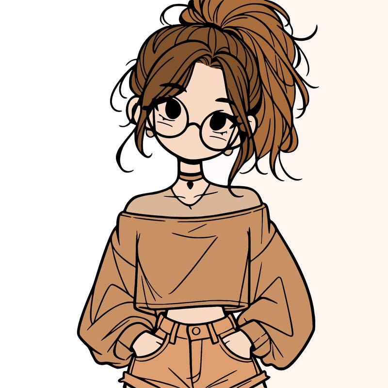 girl with a messy ponytail glasses a baggy crop top and jean shorts