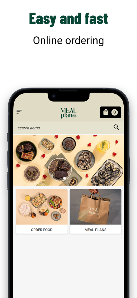 Meal Plan App - Tela inicial do Meal Plan App mostrando pedidos online e opções de plano de refeições