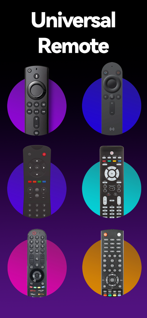 Universal Remote™ -TV Control - A display of various physical TV remote controls representing universal compatibility.