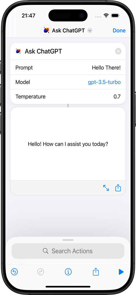 Advanced AI Actions - Siri Shortcut interface showing ChatGPT prompt configuration and response