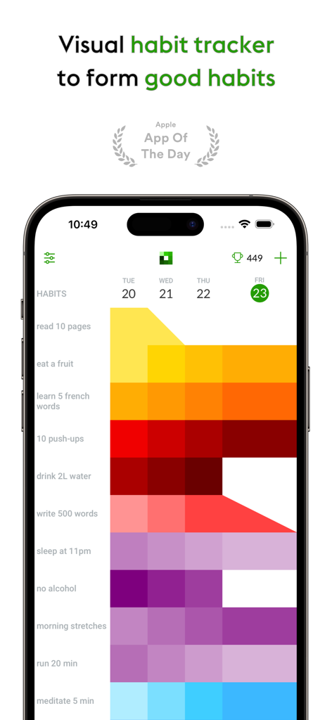 A visual habit tracker app displaying a colorful progress board for daily goals on a smartphone screen