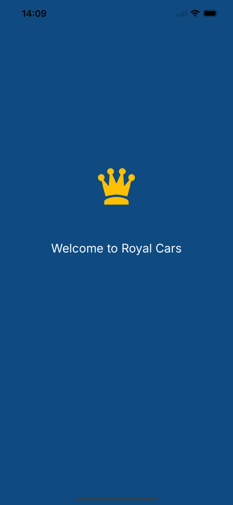 Welcome screen of the Royal Cars Oxford taxi app featuring a gold crown logo on a blue background