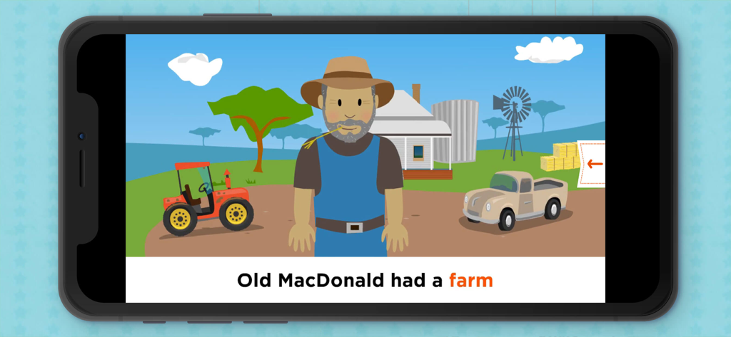 Escena animada de una granja con la letra de la canción 'Old MacDonald' para cantar