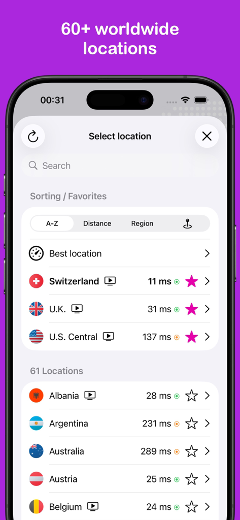 SwizzVPN: Super Fast VPN Proxy - Interface of the SwizzVPN app showing a list of over 60 worldwide server locations including Switzerland, UK, and US Central with connection latency indicators.