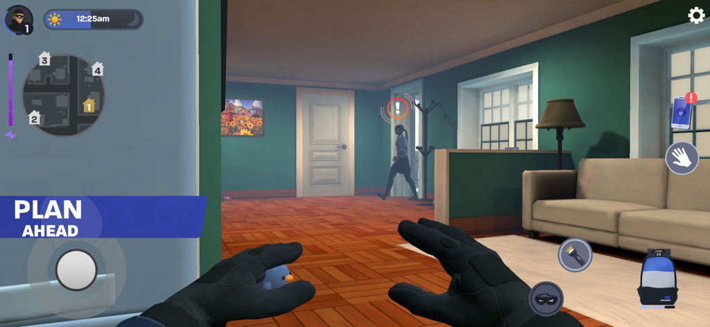 Thief Simulator: Sneak & Steal - Vista en primera persona de un ladrón escabulléndose en una casa cerca de un residente