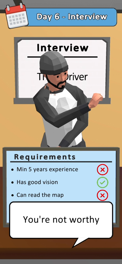 Hiring Job 3D - A 3D mobile game screen where a recruiter rejects an unqualified job candidate during an interview