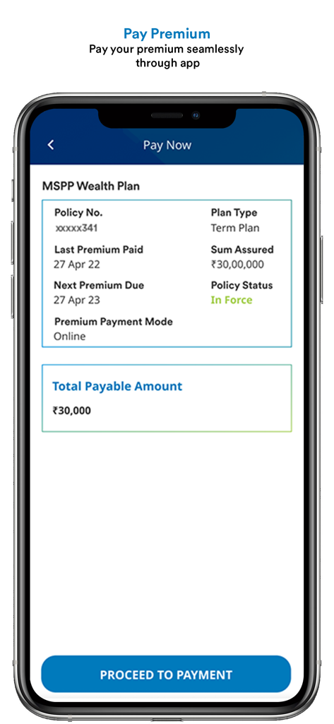 khUshi - Smartphone screen showing the khUshi app's premium payment interface for a wealth plan