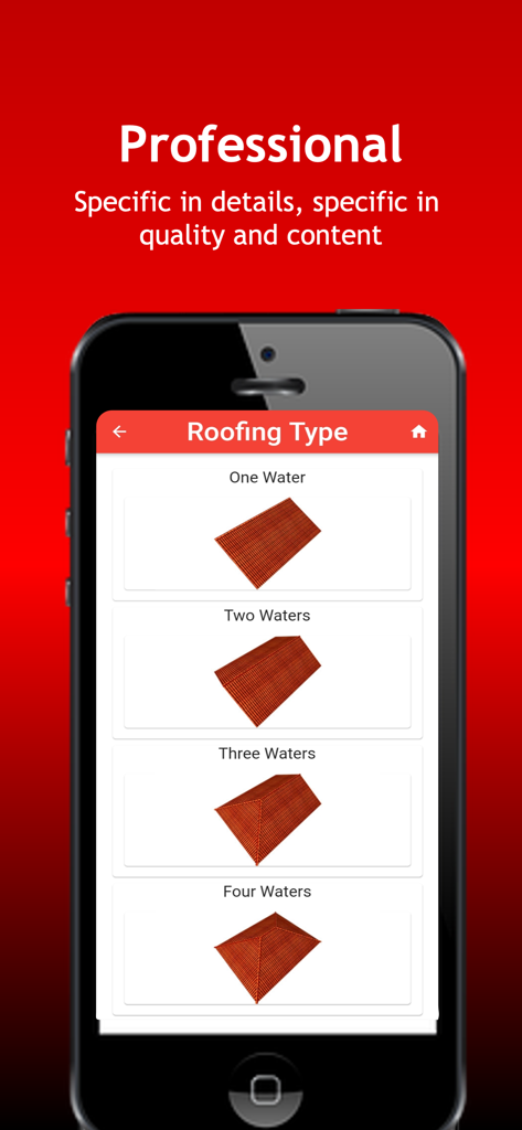 ConstruCalc Pro - Tela do aplicativo ConstruCalc Pro mostrando diferentes tipos de telhado para estimativa de material de construção