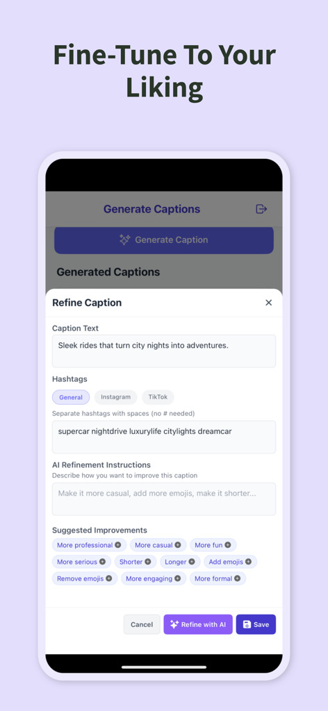 Interface of Captionator showing the refine caption screen with options to adjust hashtags and tone using AI
