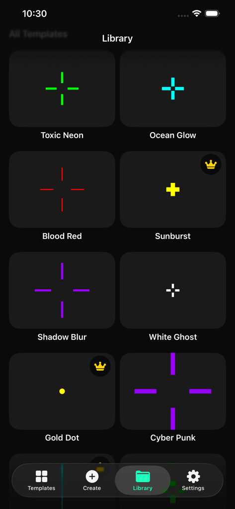 A library of custom crosshair presets in the Custom Crosshair Aim app interface.