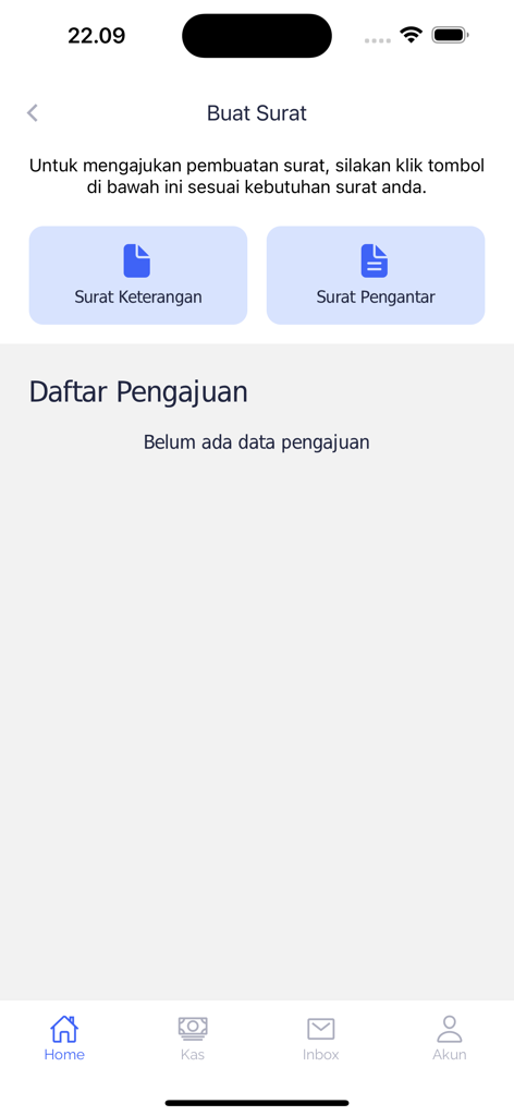 RTPINTAR - Interface of the RTPINTAR app showing options to request community letters and a list of submissions.