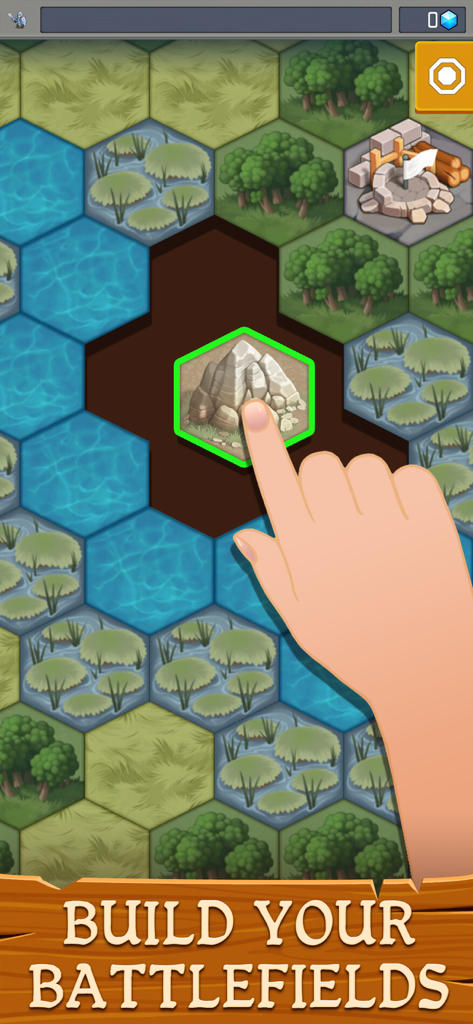 Hex Warriors - Turn-based RPG - A hand placing a mountain tile on a hexagonal grid in the map editor of Hex Warriors