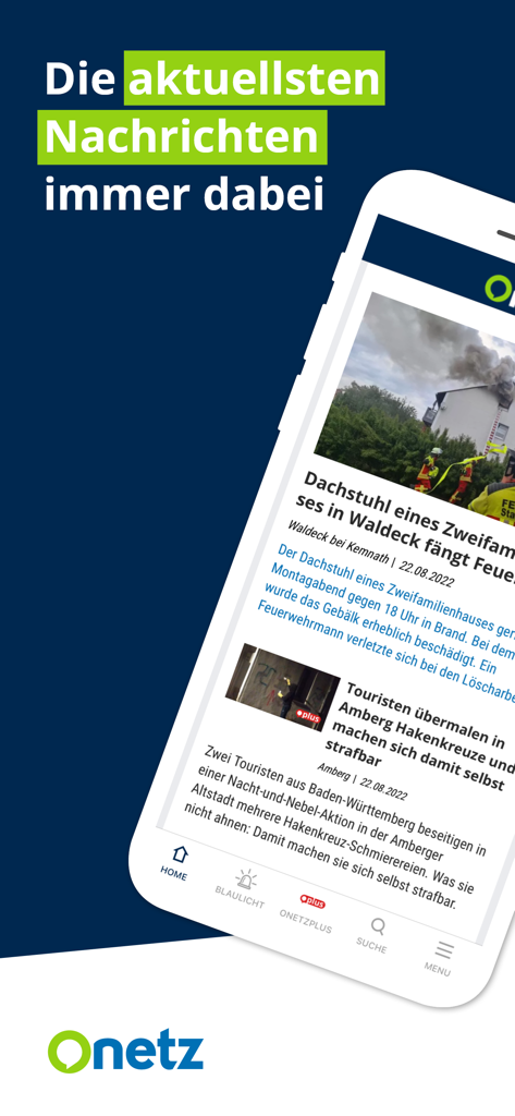 Onetz - Onetz mobile app interface displaying regional news headlines from the Upper Palatinate region in Germany