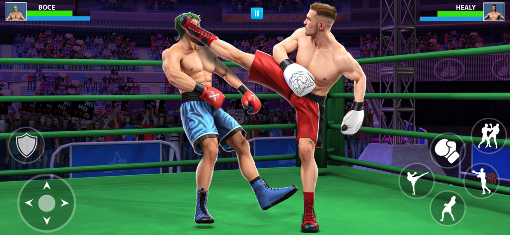Una escena de juego 3D de un combate de kickboxing donde un luchador conecta una patada alta a su oponente en un ring de arena.