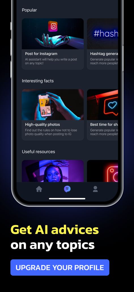 Reports,Followers Tracker AI - Interface do aplicativo mostrando conselhos de IA para conteúdo e hashtags do Instagram
