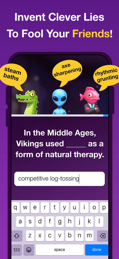 Bamboozle - Party Game - Interface du jeu de société Bamboozle montrant une manche de bluff sur des trivia avec des avatars de personnages.