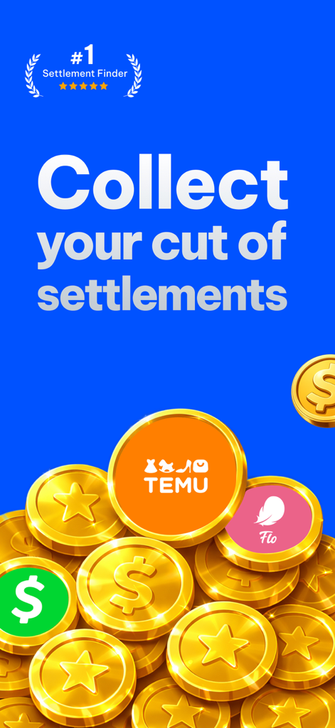 Settlement Finder app screen showing gold coins with brand logos and the text Collect your cut of settlements