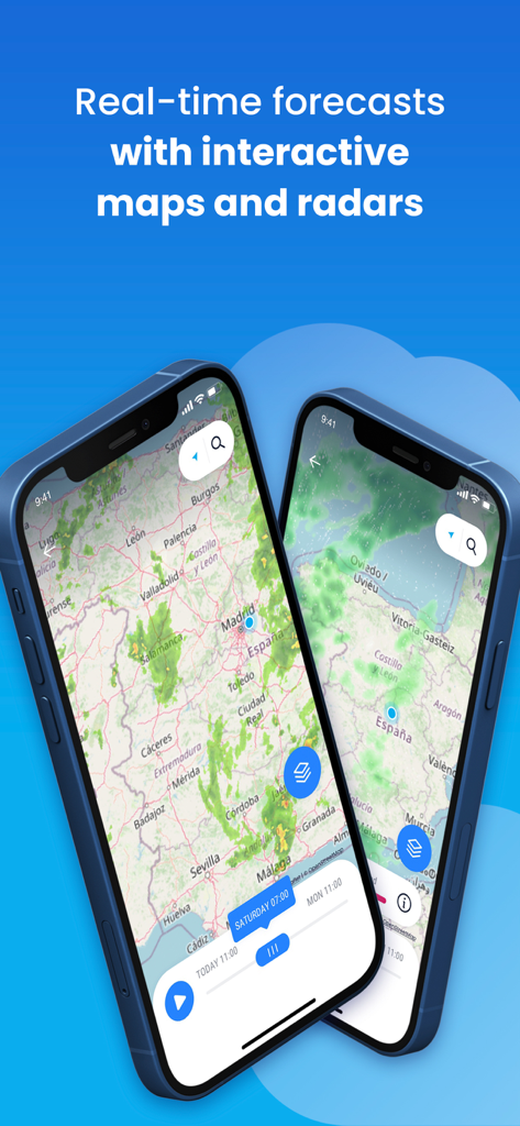 Weather&Rain: Maps & Widget - Two iPhones displaying real time interactive weather radar maps and rain forecasts
