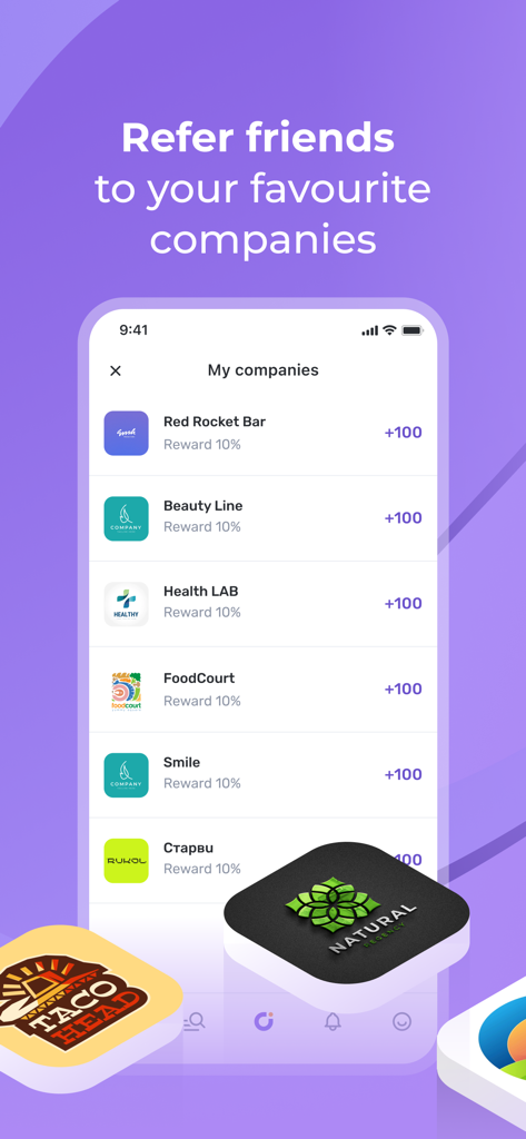 UDS App - Smartphone screen showing the UDS app My companies list and friend referral rewards.