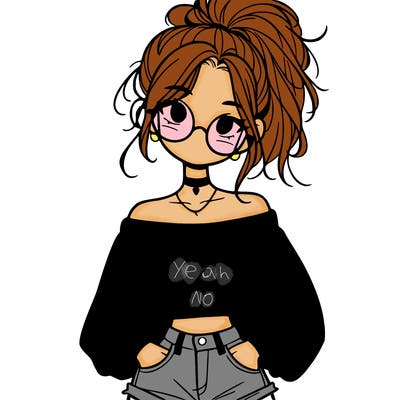 girl with a messy ponytail glasses a baggy crop top and jean shorts