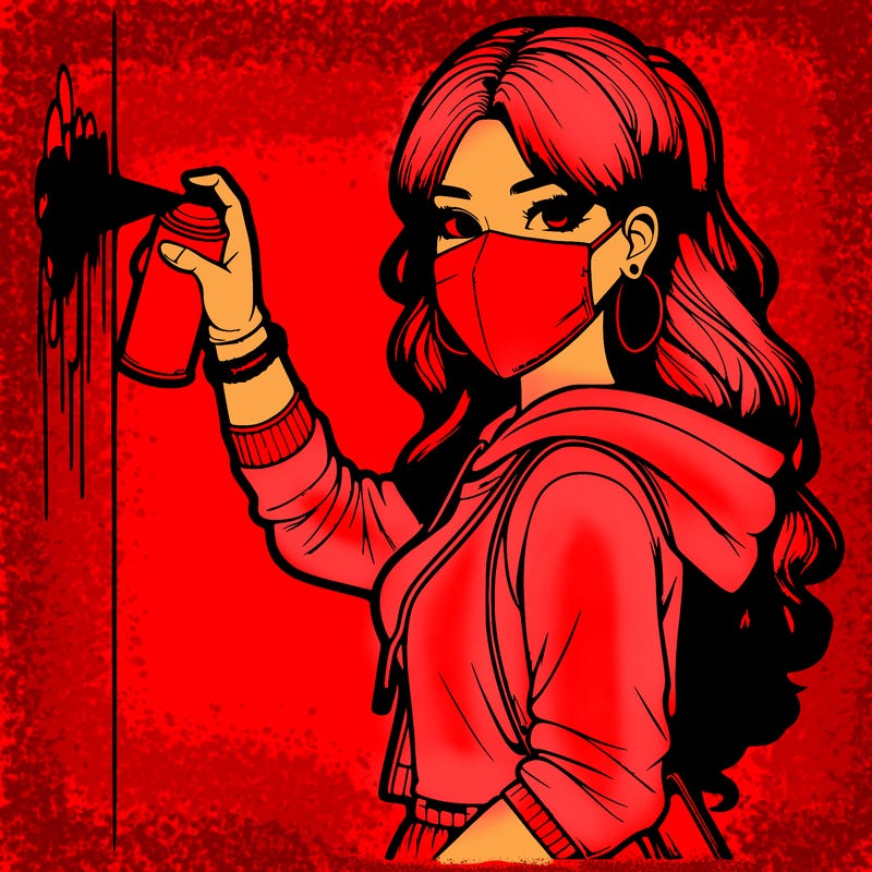 realistic girl with mask spray painting a wall