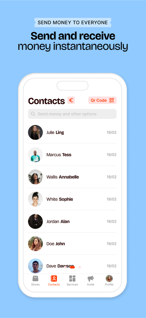 Satispay: Pay and invest - Screenshot of the Satispay app contacts screen showing a list of people to send and receive money from instantaneously