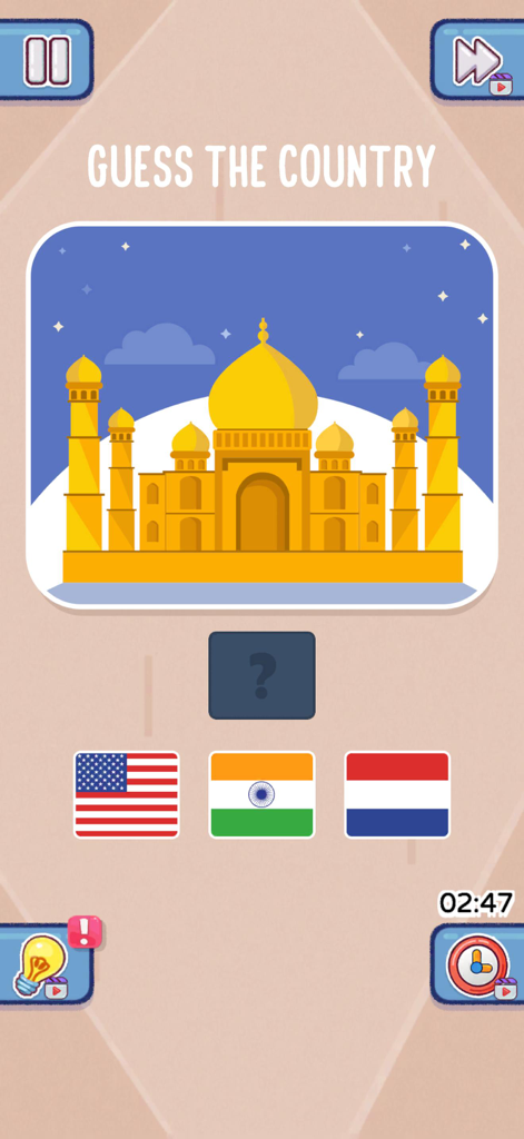 Perfect Satisfy: Organize Game - Un puzzle de adivinar el país con una ilustración del Taj Mahal y opciones de banderas nacionales.