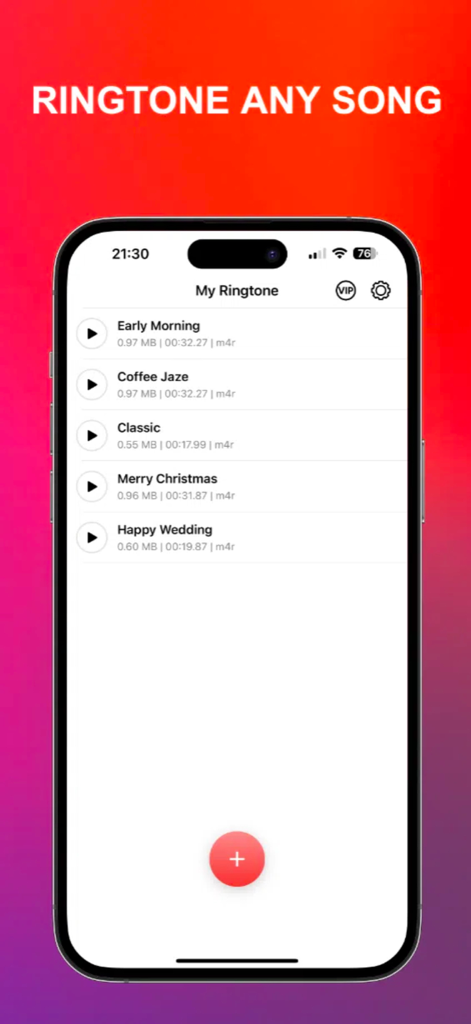 Muse Ringtones - the ring app - Interface of the Muse Ringtones app showing a list of custom saved audio files on an iPhone