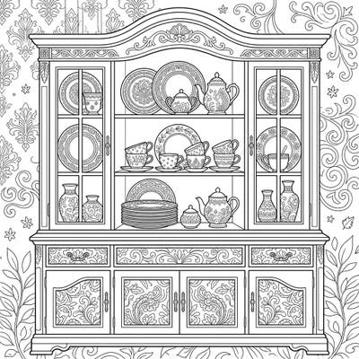 Discover this beautifully intricate coloring page featuring a grand china cabinet. Filled with ornate dinnerware and decorative elements, it promises a rich and rewarding coloring experience.
