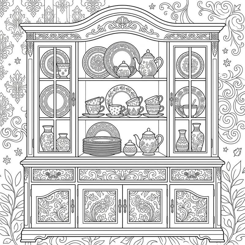 Discover this beautifully intricate coloring page featuring a grand china cabinet. Filled with ornate dinnerware and decorative elements, it promises a rich and rewarding coloring experience.