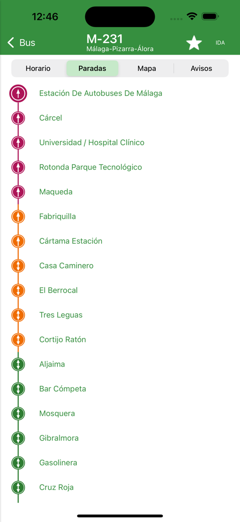 Consorcio Malaga - Lista de paradas de autobús para la línea M-231 en la aplicación de transporte Consorcio Malaga