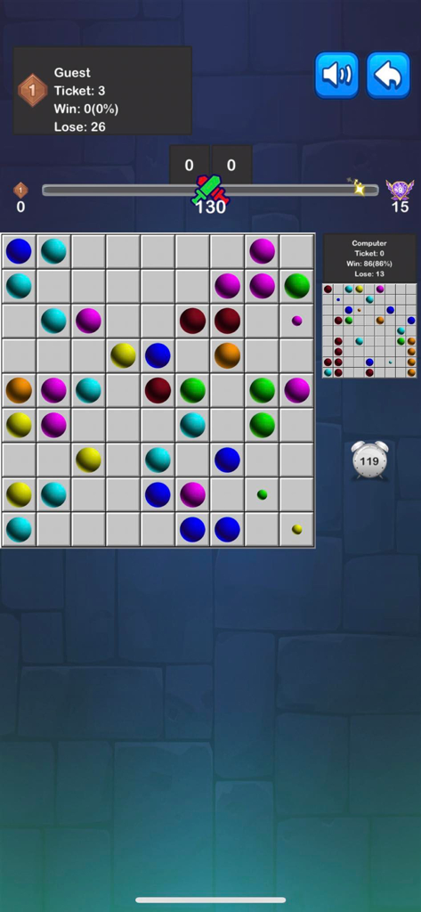 Line 98 Battle-Line 98 Classic - Line 98 Battle gameplay screen showing a grid of colored balls and a computer opponent board