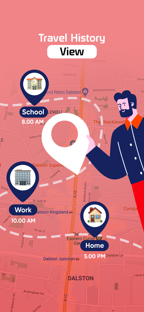 Findup: Phone Location Tracker - Pantalla del historial de viajes de la aplicación Findup mostrando pines de ubicación para la escuela, el trabajo y el hogar con horarios de llegada en un mapa rojo