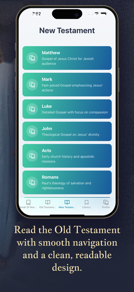 Book of Mormon・The Scriptures - Tela de aplicativo móvel mostrando a seção do Novo Testamento do aplicativo do Livro de Mórmon com uma lista de livros como Mateus e Marcos.