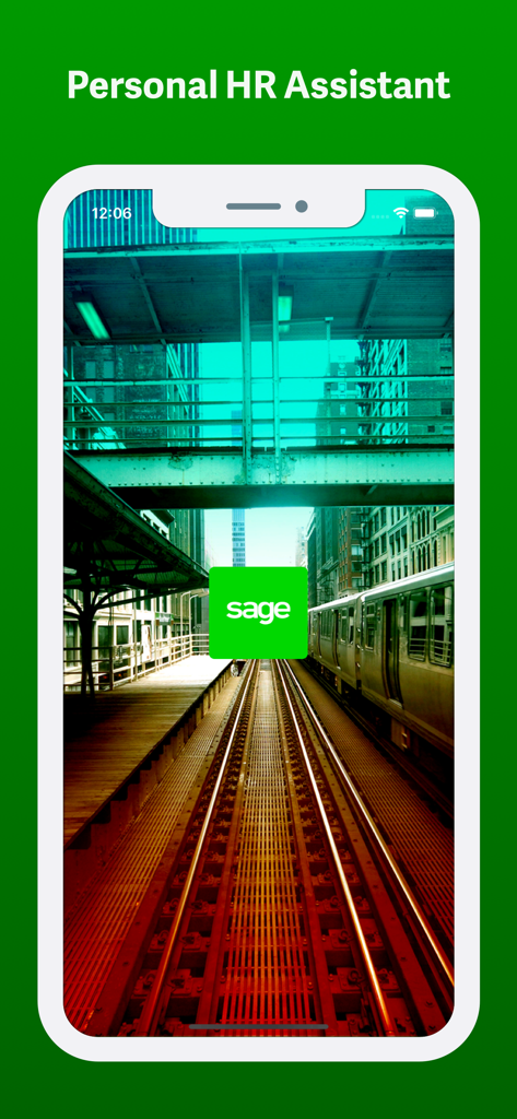 Sage Self Service mobile app splash screen featuring the text Personal HR Assistant over an urban train station background