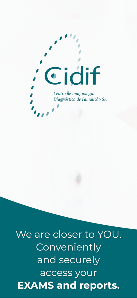 CIDIF - Tela de apresentação do aplicativo CIDIF exibindo acesso seguro a exames e relatórios médicos