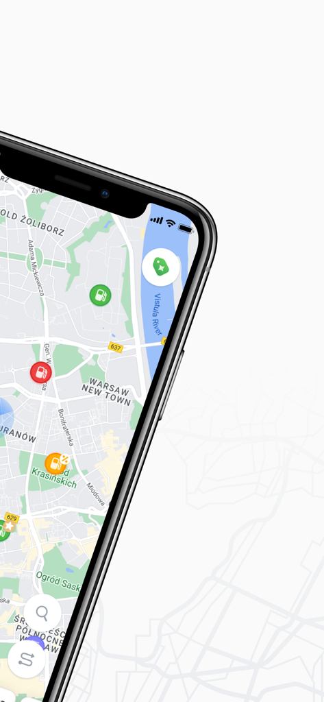 Tela de smartphone mostrando a interface do mapa do aplicativo E100 mobile com vários locais de postos de combustível e marcadores