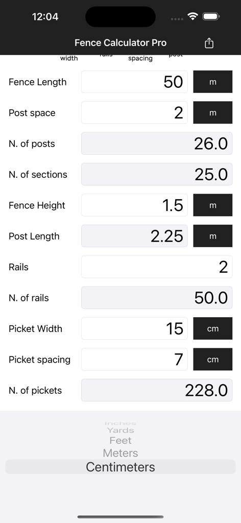 Main interface of Fence Calculator Pro showing material calculations for posts rails and pickets