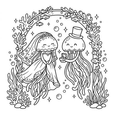 Celebrate love under the sea with this delightful jellyfish wedding coloring page, perfect for young artists. Watch as a charming jellyfish bride and groom exchange vows in a vibrant coral setting, ready for a splash of color.