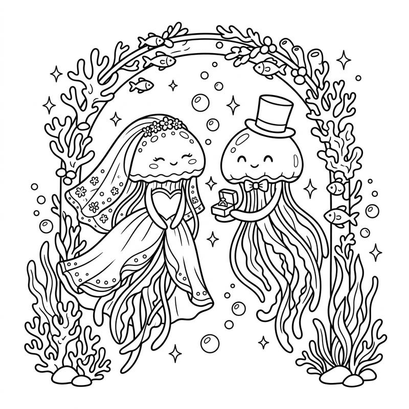 Celebrate love under the sea with this delightful jellyfish wedding coloring page, perfect for young artists. Watch as a charming jellyfish bride and groom exchange vows in a vibrant coral setting, ready for a splash of color.