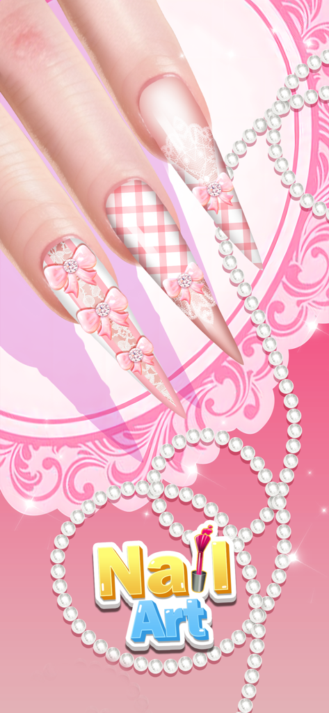 Nail Salon - Girl Art Game - 리본과 레이스 패턴이 있는 핑크 스틸레토 네일, 창의적인 걸 아트 게임