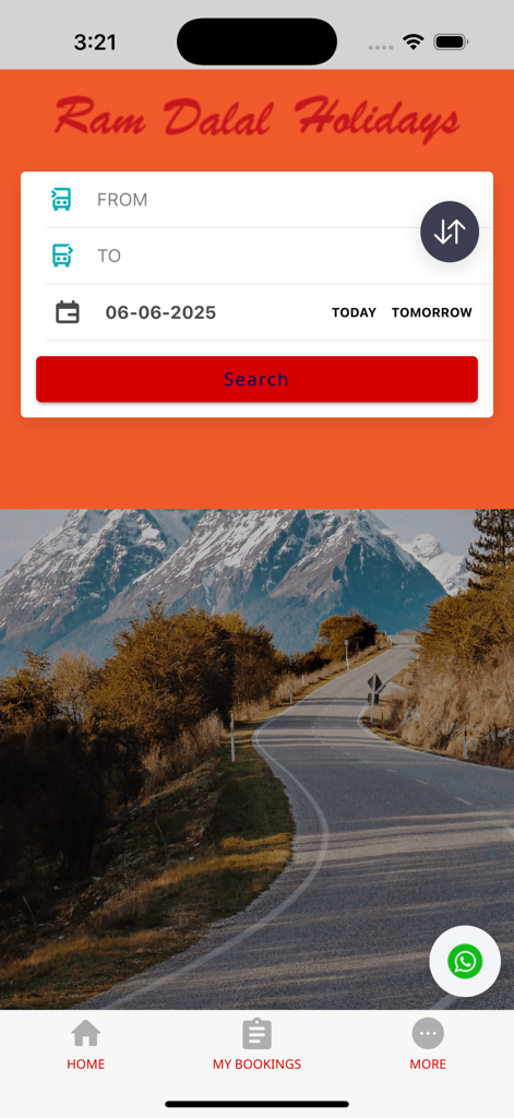 Ram Dalal Travels - Pantalla de inicio de la aplicación Ram Dalal Travels con el formulario de búsqueda de autobuses y fondo de carretera escénica