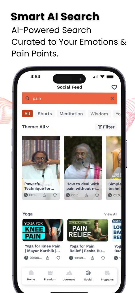 Art of Living app interface showing AI powered search for yoga and pain relief content