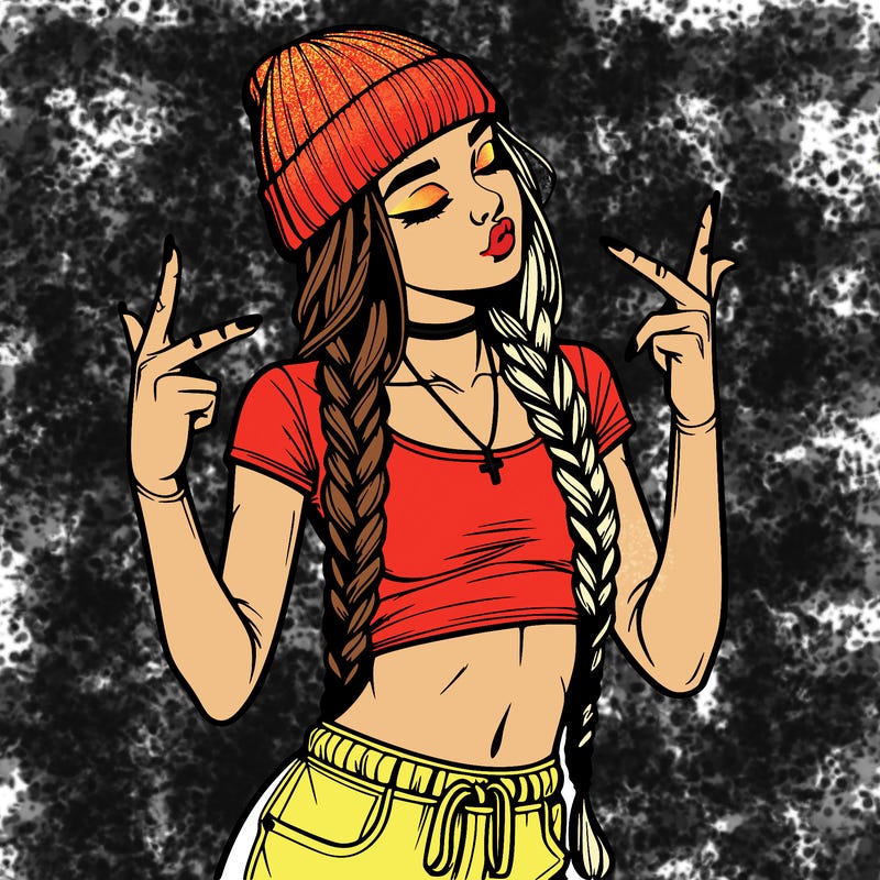realistic teenage girl with braids and a beanie and crop top doing 🫶🏼