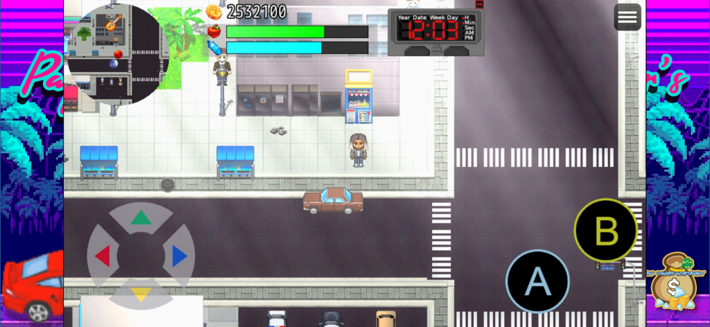 Top down view of a character on a city street in Paper Chasers RPG mobile game