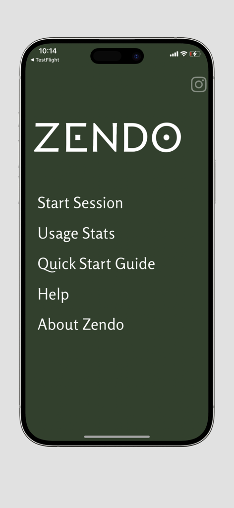 Main menu of the Zendo Meditation app showing options for starting a session and viewing usage stats