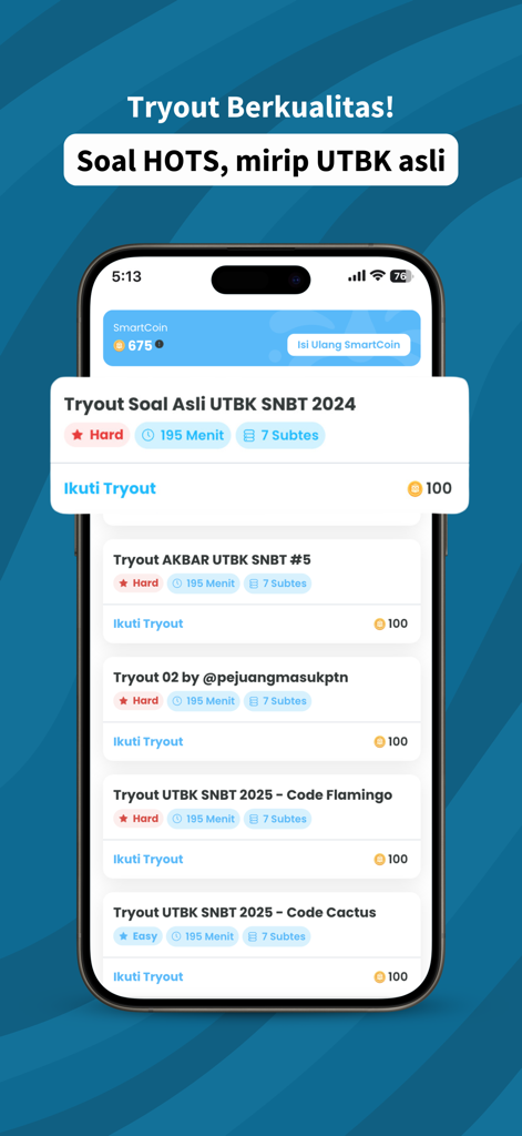 Smartphone screen showing a list of Indonesian university entrance exam practice tests in the Skuling app