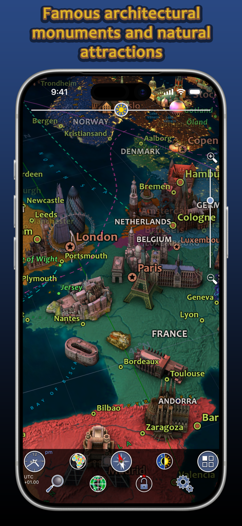 An interactive 3D map of Europe within the Earth 3D app showing landmarks like the Eiffel Tower and famous buildings in London